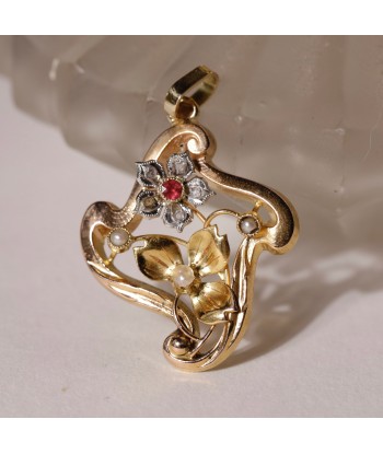 Pendentif ancien art nouveau perles et verre rouge chez Cornerstreet bien 