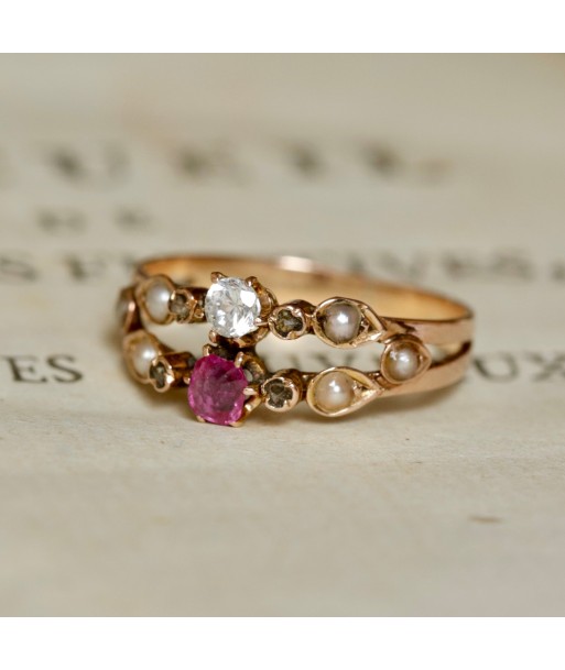 Bague ancienne double anneau pierre rose et perles store