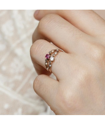 Bague ancienne double anneau pierre rose et perles store