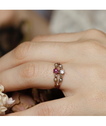 Bague ancienne double anneau pierre rose et perles store