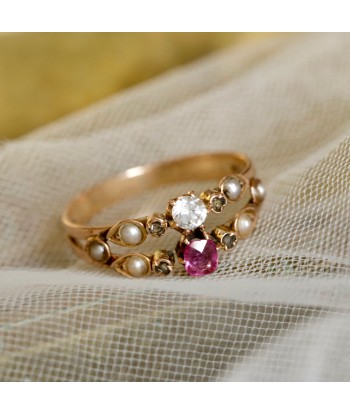 Bague ancienne double anneau pierre rose et perles store