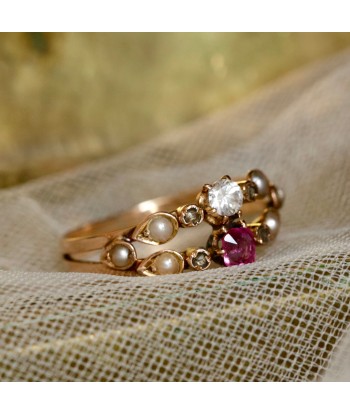 Bague ancienne double anneau pierre rose et perles store