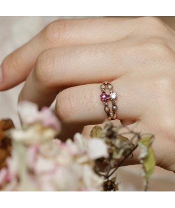 Bague ancienne double anneau pierre rose et perles store