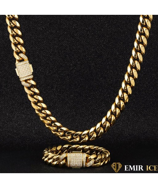 SET DE COLLIER ET BRACELET EMIR CUBAN LINK OR JAUNE - 12MM l'achat 