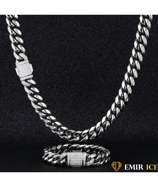 SET DE COLLIER ET BRACELET EMIR CUBAN LINK OR BLANC - 12MM Véritable concentré