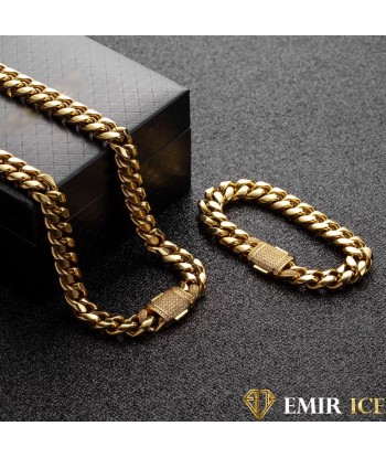 SET DE COLLIER ET BRACELET EMIR CUBAN LINK OR JAUNE - 12MM l'achat 