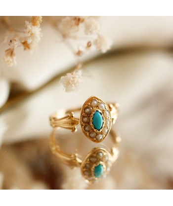 Bague navette turquoise et demie perles plus qu'un jeu 