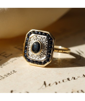 Bague octogonale ancienne saphirs et diamants en stock