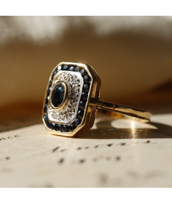 Bague octogonale ancienne saphirs et diamants en stock