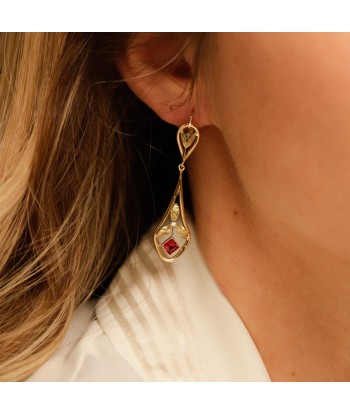 Boucles d'oreilles pendantes feuillages pierre rouge le des métaux précieux