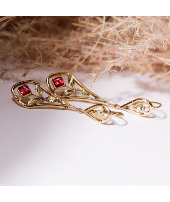 Boucles d'oreilles pendantes feuillages pierre rouge le des métaux précieux