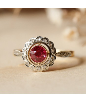 Bague fleur vintage deux ors pierre rose et diamants français