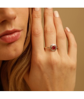 Bague fleur vintage deux ors pierre rose et diamants français