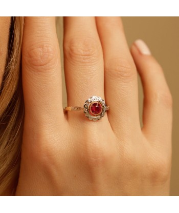 Bague fleur vintage deux ors pierre rose et diamants français