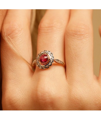 Bague fleur vintage deux ors pierre rose et diamants français