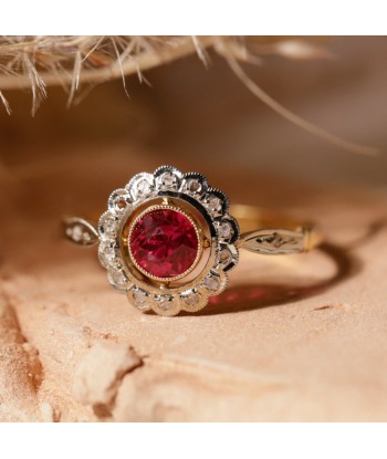 Bague fleur vintage deux ors pierre rose et diamants français