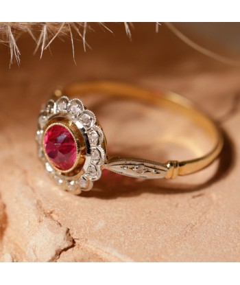 Bague fleur vintage deux ors pierre rose et diamants français