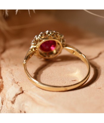 Bague fleur vintage deux ors pierre rose et diamants français