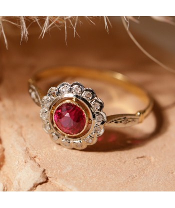 Bague fleur vintage deux ors pierre rose et diamants français