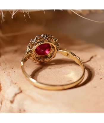 Bague fleur vintage deux ors pierre rose et diamants français