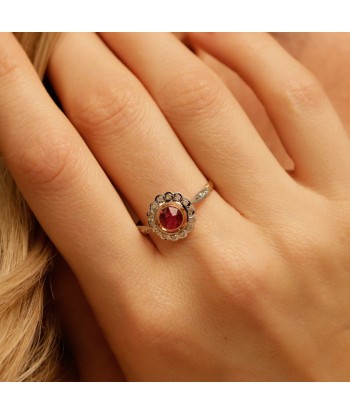 Bague fleur vintage deux ors pierre rose et diamants français