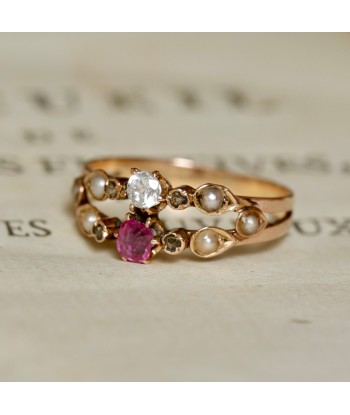 Bague ancienne double anneau pierre rose et perles soldes