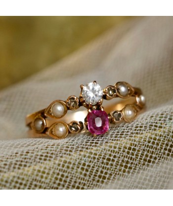 Bague ancienne double anneau pierre rose et perles soldes