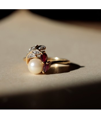 Bague feuillages perle et rubis de France