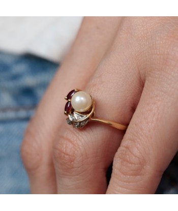 Bague feuillages perle et rubis de France